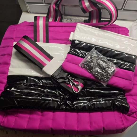 Think Royln Tote Bag Womens Fuchsia Colorblock Quilted with Pouch Crossbody - Picture 1 of 3